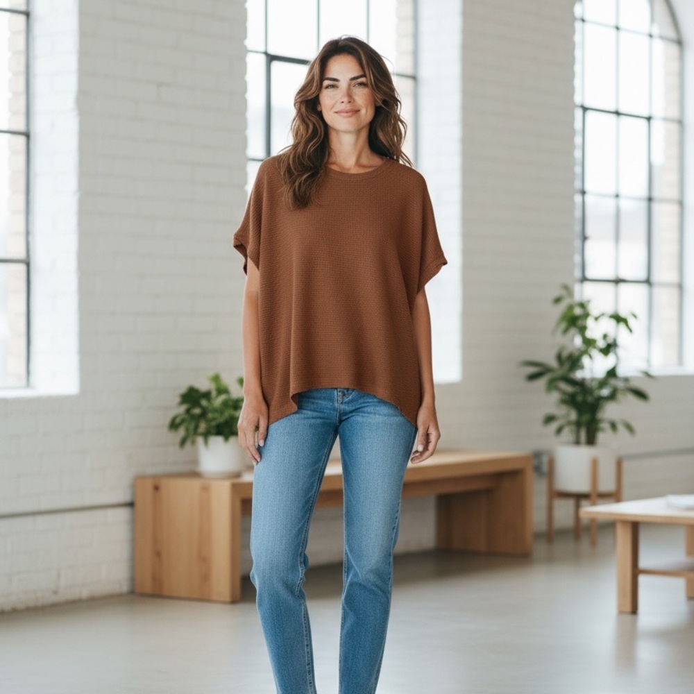 NWT – Falechay Women’s Casual Brown Waffle Knit Short Sleeve Top, Size Medium